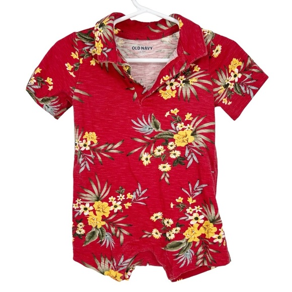 Old Navy Red Tropical Hawaiian Floral Print Short Romper One Piece Baby 12-18M - Picture 1 of 4